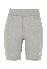 Pantaloni ciclistici grigi in tessuto atletico con una cintura elastica, texture liscia e un piccolo logo Nike bianco sul lato destro in basso.