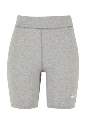 Pantalones cortos deportivos grises con una cintura elástica, textura suave y un pequeño logo blanco de Nike en la parte inferior derecha.
