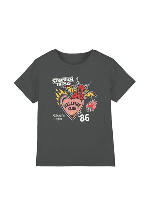 Gray cotton t-shirt featuring a colorful graphic print with a red dragon, heart, and text from "Stranger Things" and "Hellfire Club '86."