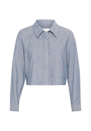 Gekürztes blaues Chambray-Hemd mit Kragen, langen Ärmeln, einer Brusttasche und subtiler Textur. Entworfen für eine lockere Passform.