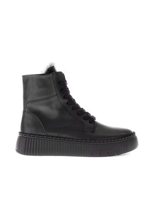 Schwarze Leder-Stiefel bis zum Knöchel mit runder Zehenpartie, Schnürverschluss vorne und dickem, geripptem Sohlenprofil. Verfügt über ein weiches Futter am Knöchel.