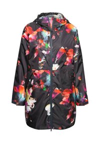 Waterdichte zwarte regenjas met een levendig bloemenpatroon in rood, roze, paars en groen. Inclusief een capuchon en een rits aan de voorkant.