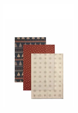 Drei gefaltete Stoffstücke mit festlichen Mustern: beige mit Schneeflocken, rot mit kleinen Sternen und dunkelblau mit Weihnachtsbäumen und Glocken.