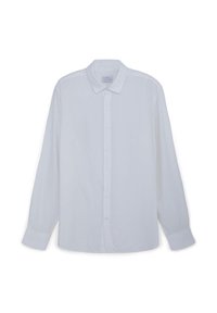 Camicia bianca a maniche lunghe realizzata in tessuto leggero, con colletto a punta e abbottonatura frontale completa. Orlo dritto e polsini abbottonati.