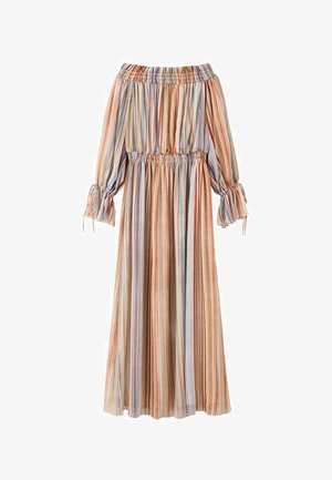 Long, off-shoulder dress with elastic waist and cuffs, featuring vertical stripes in beige, blue, and rust tones.