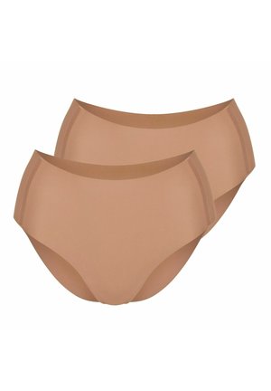 Nude cotton blend panties, high-waisted design, smooth texture, seamless edges, featuring a classic cut and subtle sheen, sold in a two-pack.