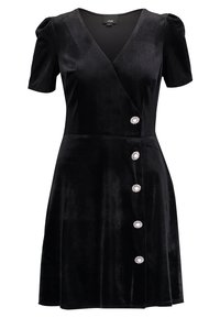 Czarna sukienka kopertowa z aksamitu z krótkimi bufkami, pięcioma ozdobnymi okrągłymi guzikami z przodu i rozkloszowanym dołem. Miękka w dotyku.