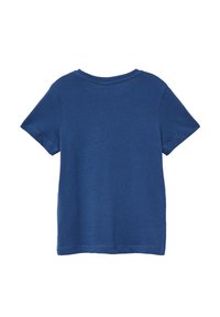 Kurzärmliges T-Shirt aus einfarbigem Baumwollstoff in Blau, mit Rundhalsausschnitt und genähten Säumen. Die Rückansicht zeigt eine glatte, schmucklose Oberfläche.