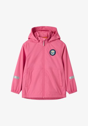 Children’s pink hooded rain jacket with front zipper, two side pockets, reflective strips on sleeves, and a round logo patch on the chest.