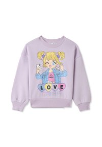 Felpa lilla con grafica di una ragazza in stile cartone animato, che indossa un giubbotto di jeans, tiene in mano un telefono e decorata con la scritta "LOVE" in cuori colorati.