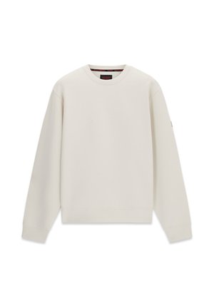 Bluza z dekoltem w łódkę w kolorze ecru, wykonana z miękkiego materiału. Posiada długie rękawy, prosty dół oraz metkę przy szyi z logo.