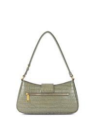 Borsa a tracolla verde in finta pelle con un motivo a coccodrillo texturizzato, forma curva, manico superiore e una tasca frontale con zip e dettagli dorati.