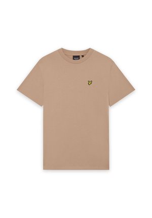 Beež värvi lühikeste varrukatega ümar kaelusega T-särk, millel on vasakul rinnal väike kollase ja musta värvi linnu logo.