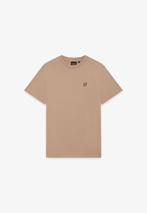 Beež värvi lühikeste varrukatega ümar kaelusega T-särk, millel on vasakul rinnal väike kollase ja musta värvi linnu logo.