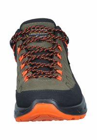 Hiking shoe with an olive green upper, black accents, and orange laces. Features textured material and rubber sole with rugged tread pattern.