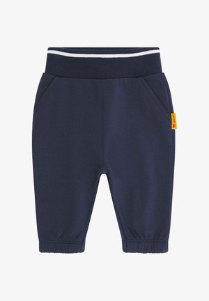 Navy blue sweatpants with a ribbed waistband, white striped accent, and side pockets. Cuffs are gathered at the ankles for a snug fit.