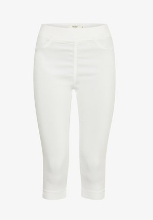 Pantalones capri blancos hechos de una tela elástica, con una textura suave, dos bolsillos frontales y una cómoda cintura elástica.