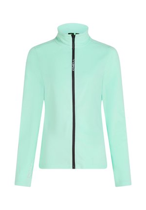 Mintgroene ritsjack met hoge kraag, gemaakt van zacht materiaal. Voorzien van een contrasterende zwarte rits en een logo-detail aan de zijkant. Lange mouwen.