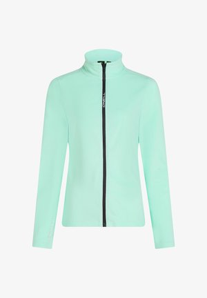 Mintgroene ritsjack met hoge kraag, gemaakt van zacht materiaal. Voorzien van een contrasterende zwarte rits en een logo-detail aan de zijkant. Lange mouwen.