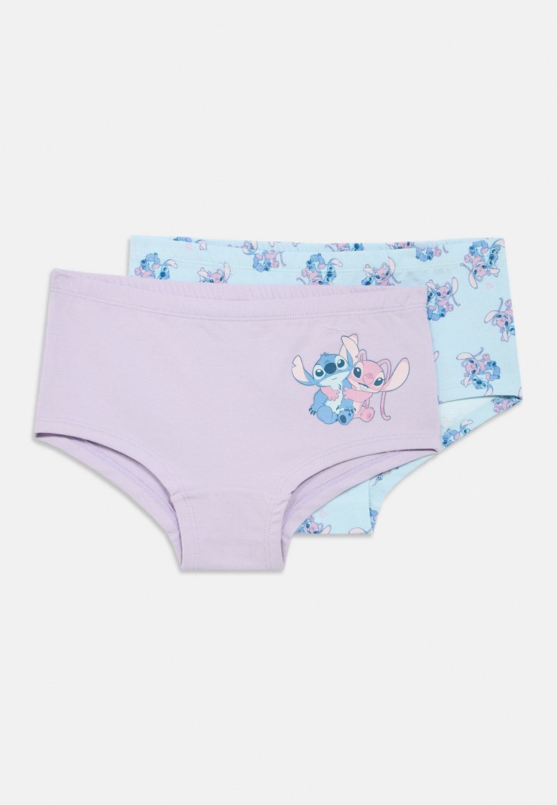 Dva páry bavlnených chlapčenských boyshortiek: jeden fialový s kreslenými postavičkami, druhý svetlomodrý s opakujúcim sa vzorom postavičiek.