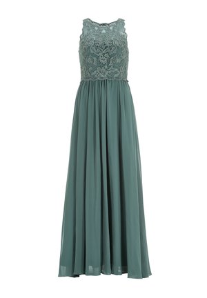 Maxi-Kleid in sanftem Türkis mit einem ärmellosen, bestickten Spitzen-Oberteil, fließendem Rock und einem gewellten Ausschnitt. Weicher, leichter Stoff.