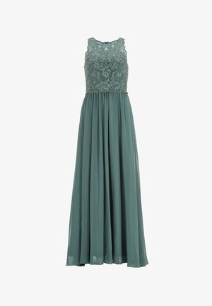 Maxi-jurk in gedempt teal met een mouwloze, geborduurde kantbodice, vloeiende rok en een golfrand halslijn. Zacht, lichtgewicht stof.