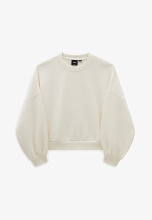Pull à col rond à manches longues texturé blanc cassé, épaules tombantes, poignets élastiques, ourlet raccourci et étiquette de marque Vans à l'intérieur du col.