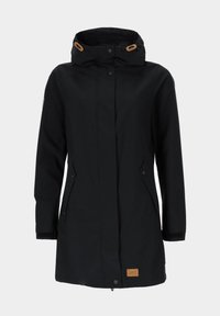 Black waterproof jacket with a hood, snap buttons, and two side pockets. Features textured fabric and a small leather accent on the hem.