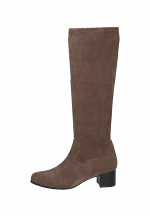 Botte haute jusqu'au genou en daim marron avec un petit talon bloc et un bout rond, présentée sur fond blanc.