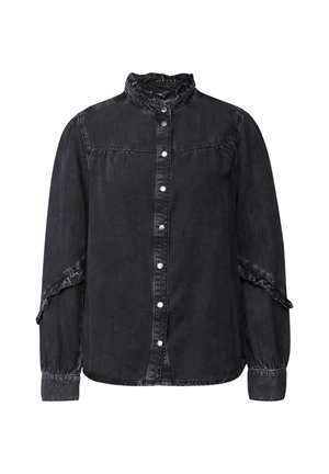 Schwarze Denim-Bluse mit einem Rüschenkragen und -manschetten, vorderem Knopfverschluss, langen Ärmeln und gerafften Details entlang der Schultern.