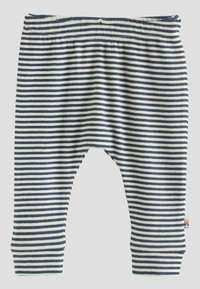 Baby-Leggings aus navyblauem und weiß gestreiftem Rippstoff mit elastischem Bund und schmalen Knöchelbündchen.