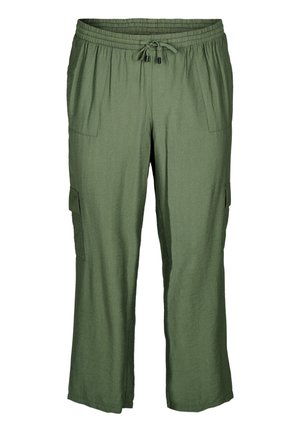 Green, lightweight cargo pants with an elastic waistband, drawstring, front pockets, and side cargo pockets. Textured fabric.