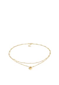 Collana a strati in tonalità oro, caratterizzata da anelli allungati, piccoli accenti rotondi e un ciondolo circolare, con chiusura a sottogola regolabile.