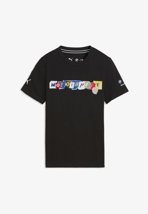 T-shirt noir à manches courtes avec texte "Motorsport" multicolore en polices mélangées sur le devant, logo Puma sur une manche, et logo BMW Motorsport sur l'autre manche.
