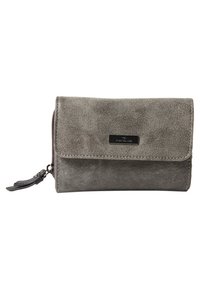 Gray suede wallet with a zip closure, featuring a rectangular shape, smooth texture, and a metallic logo accent on the front.
