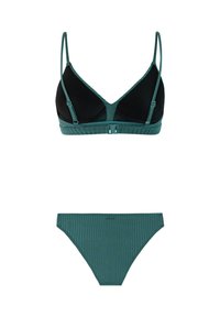 Conjunto de bikini acanalado de color verde azulado con copas triangulares forradas en negro y tirantes ajustables, que cuenta con un cierre en la parte delantera del top y bragas a juego de talle bajo.