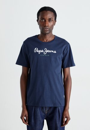 Marineblaue Baumwoll-T-Shirt mit kurzen Ärmeln, ausgestattet mit weißem, geschwungenem Logo "Pepe Jeans" und "LONDON" in Grün, Rundhalsausschnitt, glatte Textur.