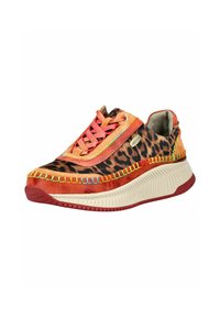 Sneaker multicolore con stampa leopardata, caratterizzata da accenti di cucitura vivaci, una suola ammortizzata e un design con lacci.