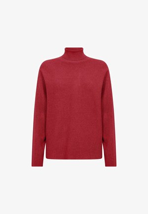 Rode coltrui gemaakt van ribbelstof. Beschikt over lange mouwen en een relaxed fit. Gladde textuur, minimalistisch ontwerp met een hoge kraag.