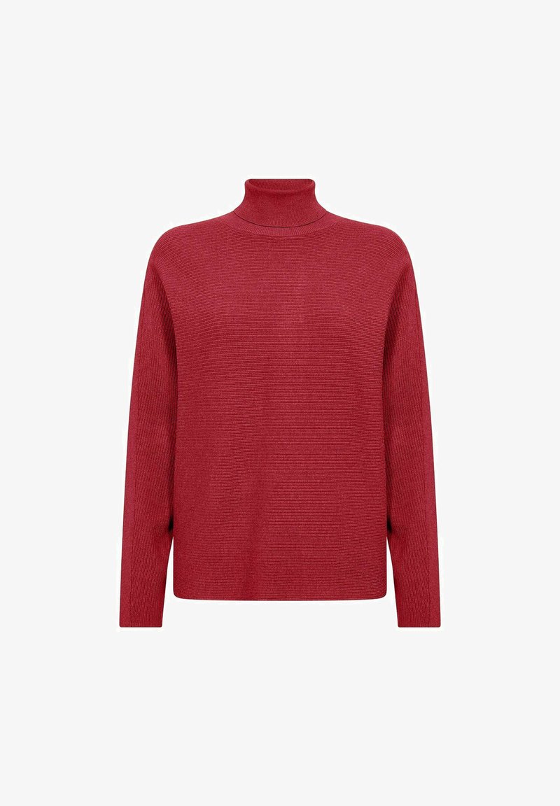 Rode coltrui gemaakt van ribbelstof. Beschikt over lange mouwen en een relaxed fit. Gladde textuur, minimalistisch ontwerp met een hoge kraag.