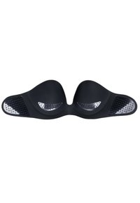 Reggiseno push-up nero con coppe lisce, pannelli laterali testurizzati e finitura lucida. Presenta una forma sagomata e un dettaglio forato sugli accenti.