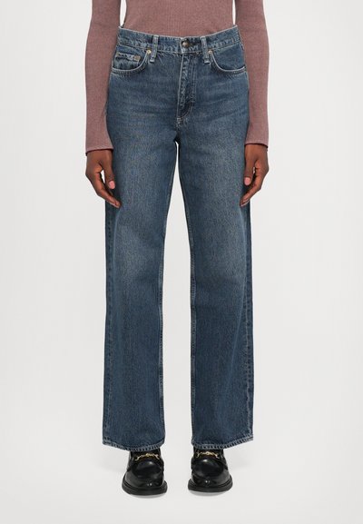 Wide-leg blue denim jeans with a high waist, featuring classic front pockets, a button closure, and subtle fading on the fabric.