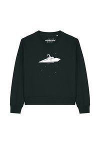 Zwarte sweatshirt met een witte afbeelding van een astronaut op een papieren vliegtuigje, tegen een sterrenhemel. Zacht materiaal, ronde halslijn.