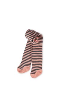 Calze a righe in grigio scuro e rosa polveroso, caratterizzate da righe orizzontali e una texture morbida, con suole rosa a contrasto.