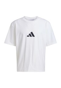 Biela bavlnená tričko s krátkymi rukávmi, s čiernym logom s tromi pruhmi na ľavej strane hrudníka. Klasický dizajn s okrúhlym výstrihom.