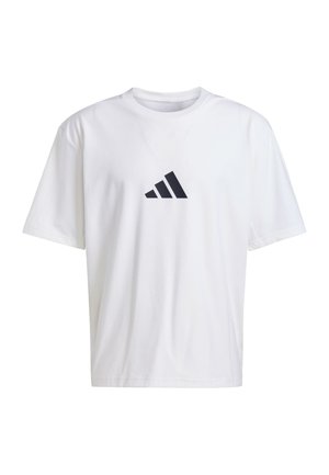 Witte katoenen T-shirt met korte mouwen, voorzien van een zwart logo met drie strepen op de linkerkant van de borst. Klassiek ronde hals ontwerp.