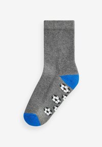 Grauener Socken mit Rippstruktur, blauer Ferse und Fußballmustern an der Seite. Hergestellt aus weichem Stoff für Komfort.