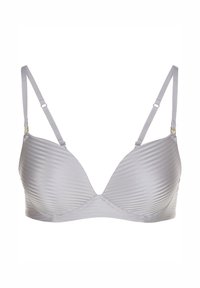 Soutien-gorge gris clair à armatures avec texture côtelée, bonnets lisses, bretelles ajustables et accents métalliques.