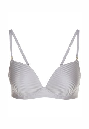 Vaaleanharmaa tukikaarella varustettu rintaliivit, joissa on ribbineulosta muistuttava pinta, sileät kupit, säädettävät olkaimet ja metalliset koristeosat.