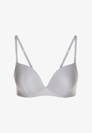 Hellgrauer Bügel-BH mit gerippter Struktur, glatten Cups, verstellbaren Trägern und metallischen Beschlägen.